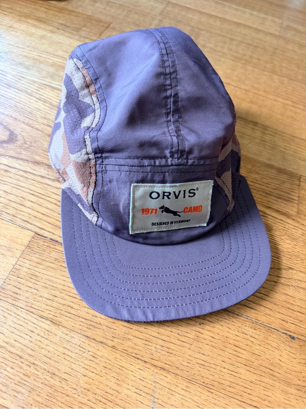 Orvis 1971 Camo 5 Panel Hat Recycled Fishing Net Brim Camper cap snapback